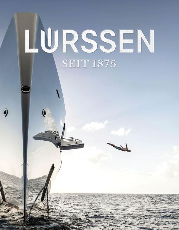 Book cover of Lürssen; featuring a superyacht floating on the ocean, with a swimmer jumping off the side. Published by PRINT The Book Agency.