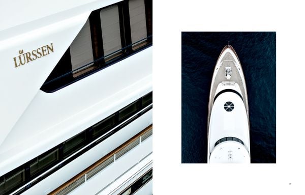 Book cover of Lürssen; featuring a superyacht floating on the ocean, with a swimmer jumping off the side. Published by PRINT The Book Agency.